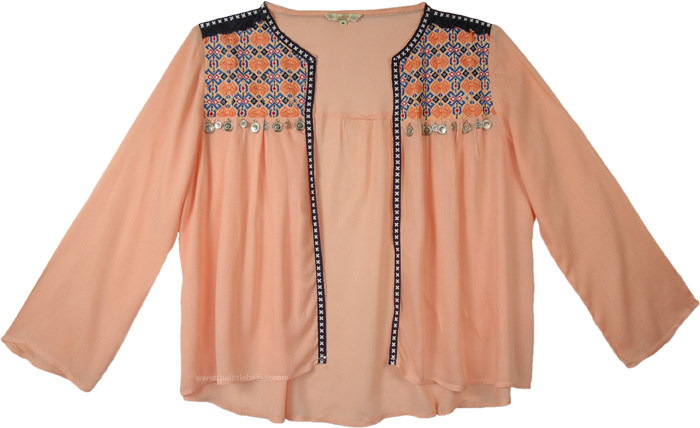 Gypsy Festival Style Open Long Shrug in a Peach with Coins