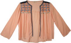 Peach Tunic Style Shrug Cover Up with Tribal Style Embroidery [6680]