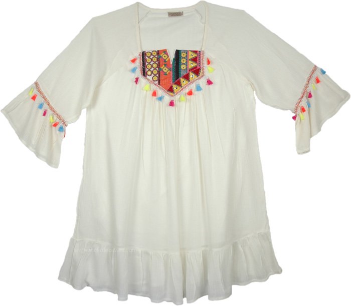 White Tunic Top with Embroidery and Boho Tassels