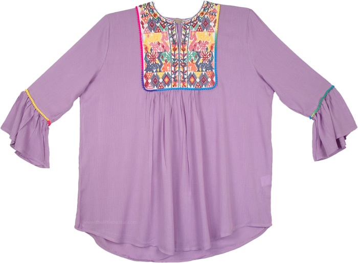 Lilac Boho Tunic Top with Tribal Style Embroidery
