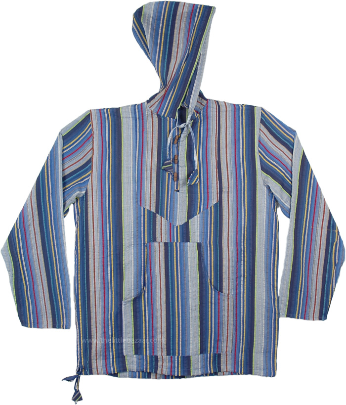 Cool Blue Striped Cotton Hooded Unisex Bohemian Shirt