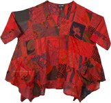 Red Boho Summer Top Free Flowing with Mixed Patchwork in XXL [7152]