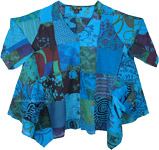 Plus Size Boho Cotton Top with Mixed Blue Patchwork in XXL [7155]