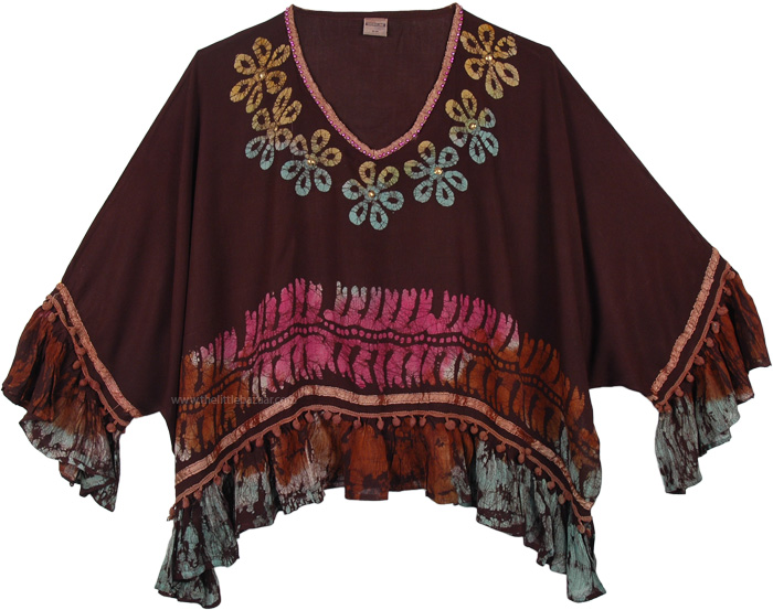 Choco Brown Poncho Top with Beads and Poms