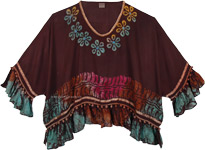 Brown Boho Poncho Top with Beads and Poms in Large