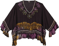 Black Boho Poncho Top with Beads and Poms