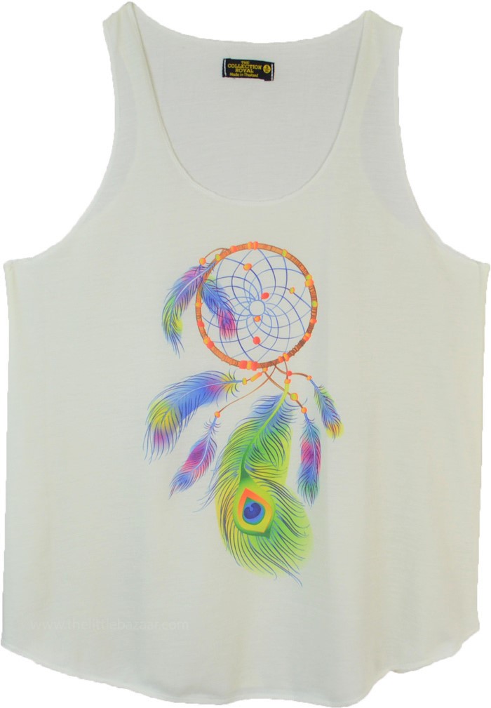 Peacock Feather Dream Catcher Tank Top in White