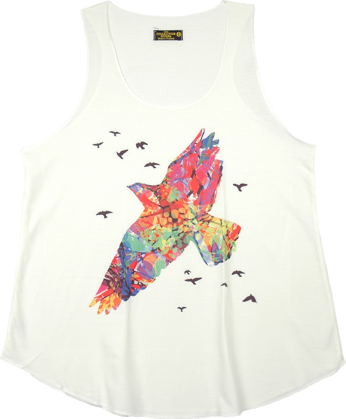 Sleeveless White Tank Top with Graphic Bird Print