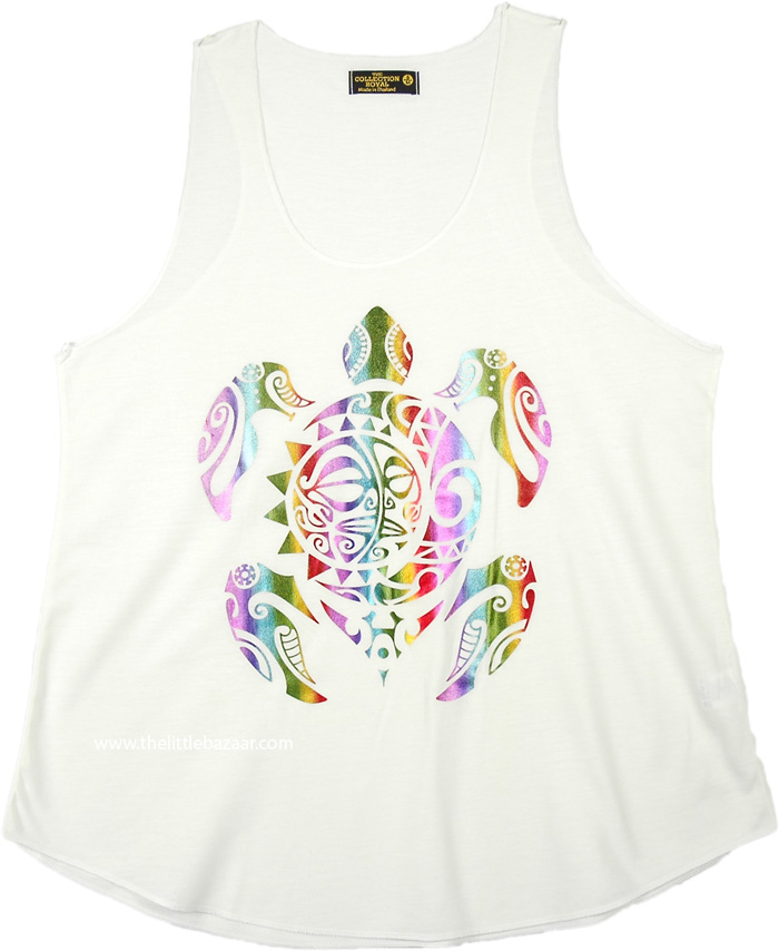 Shiny Foil Turtle Print White Graphic Tank