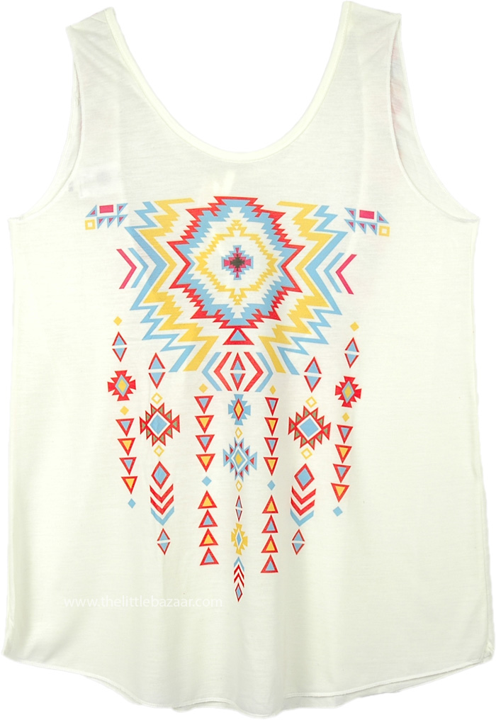 Open Back Aztec Printed Tank Top Boho Tassels | Tunic-Shirt | Off-White ...