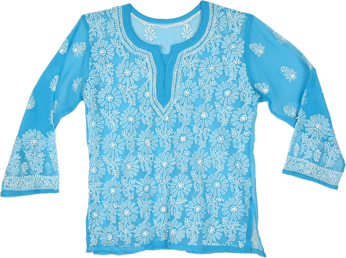 Size Small Turquoise Tunic Sheer Shirt with White Embroidery