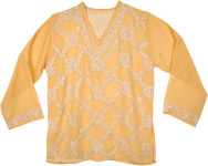 Sheer Orange Sequin Top with Floral Embroidery