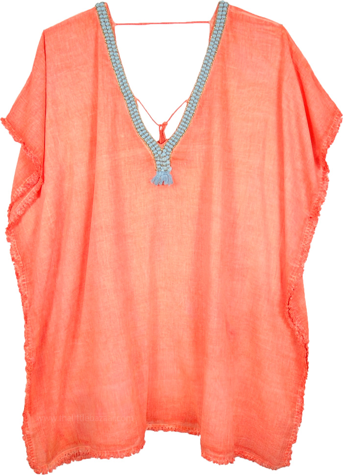 Peachy Orange Kaftan Top with Tie Up Neck and Tassels