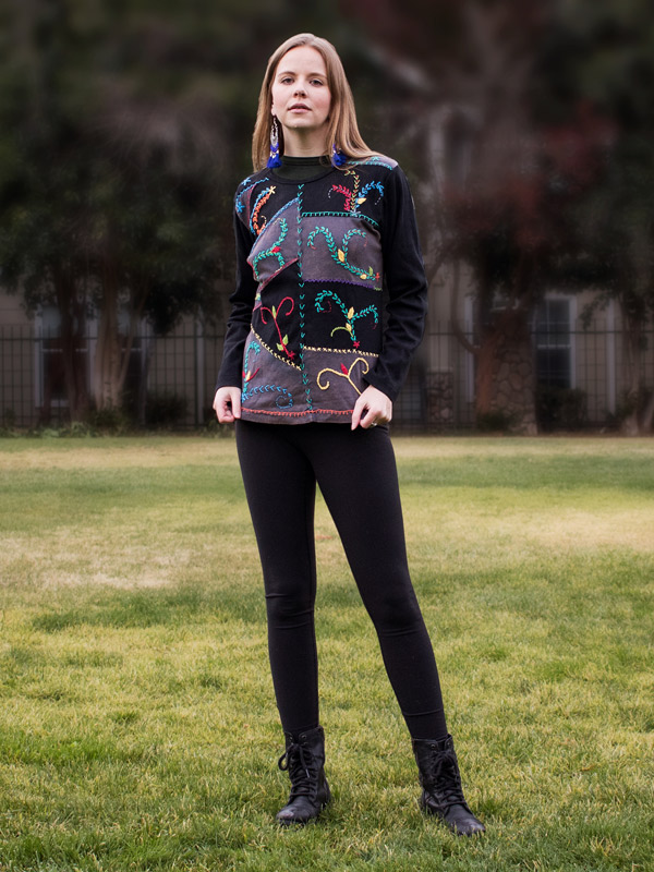 Grey and Black Embroidered Top with Full Sleeves