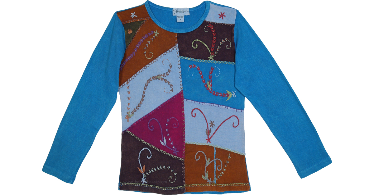 Azure Radiance Blue Hippie Top with Patchwork and Embroidery Azure Radiance Blue Hippie Top with Patchwork and Embroidery