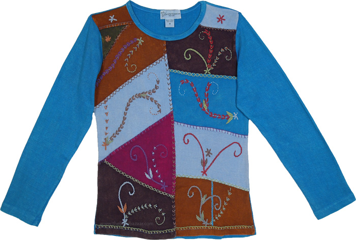 Azure Radiance Blue Hippie Top with Patchwork and Embroidery