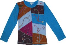 Ribbed Hippie Blue Patchwork and Embroidery Jersey Cotton Top [7992]