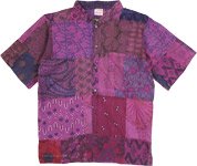 Cool Boho Purple Shirt with Short Sleeves and Patchwork [8010]