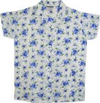 Cool Indigo Blue and White Shirt with Short Sleeves and Floral Print [8149]