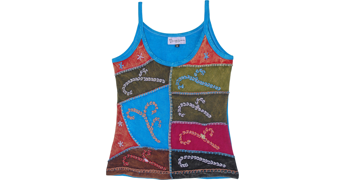 Cerulean Embroidered Arty Patchwork Tank Top in Cotton