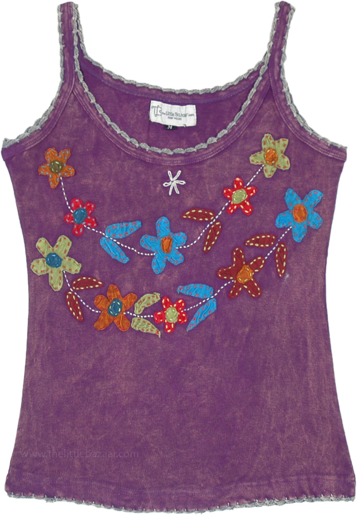 Floral Vine Applique Cotton Tank Top in Purple, Tunic-Shirt, Purple