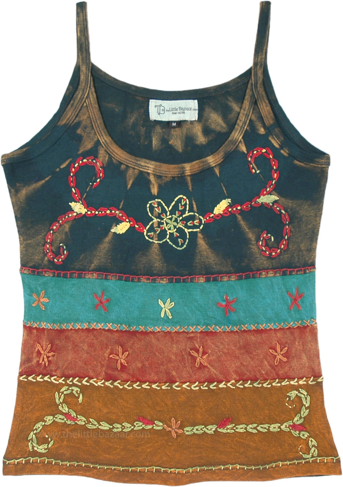 Multicolored Floral Embroidery Stonewashed Cotton Tank Top, Tunic-Shirt, Multicoloured