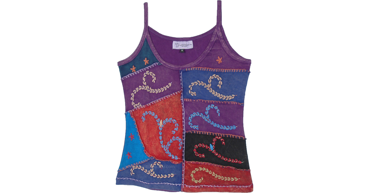 Blackcurrant Embroidered Arty Patchwork Hippie Tank Top