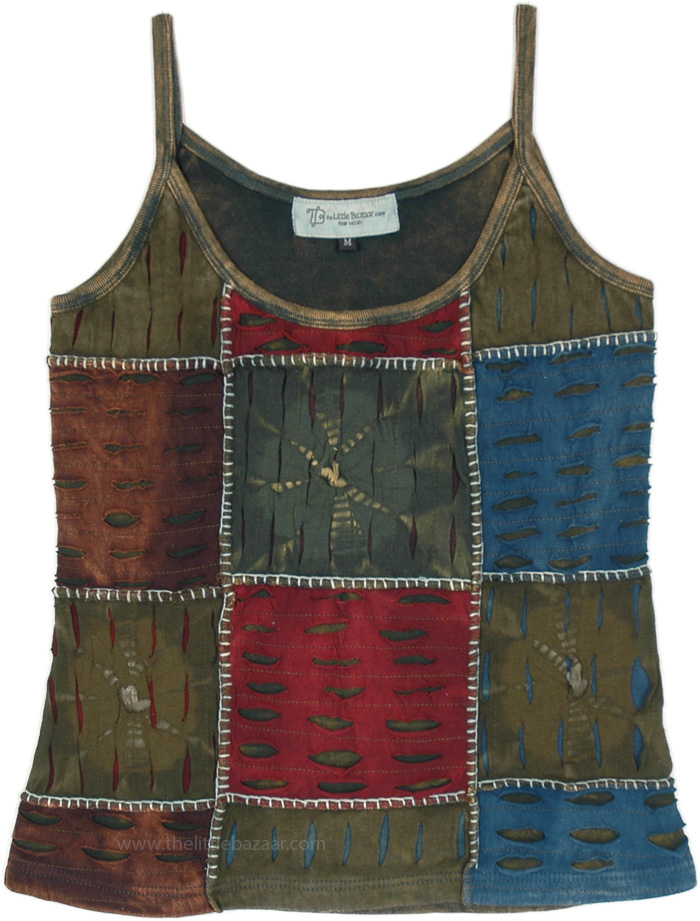 Olive Arboretum Patchwork Top with Razor Cut Details