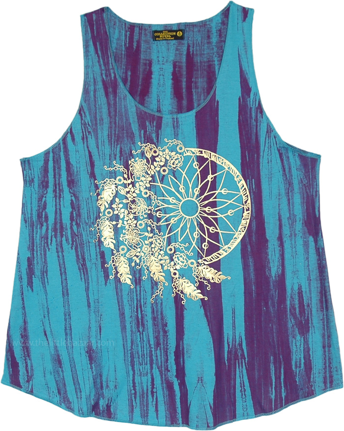 Icy Blues Floral Dreamcatcher Golden Print Tank Top