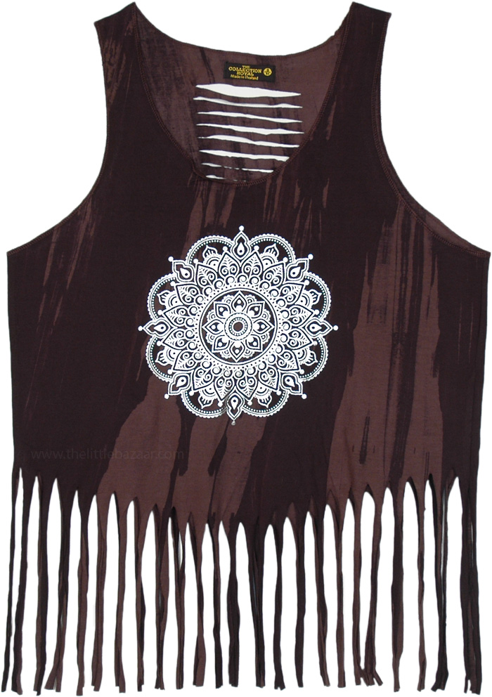 intricate Mandala Razor Back Tank Top with Bottom Fringes
