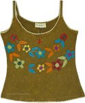 Floral Gardens Olive Cotton Tank Top with Applique Details