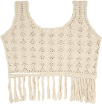 Beige Bohemian Sleeveless Crochet Top with Tassels