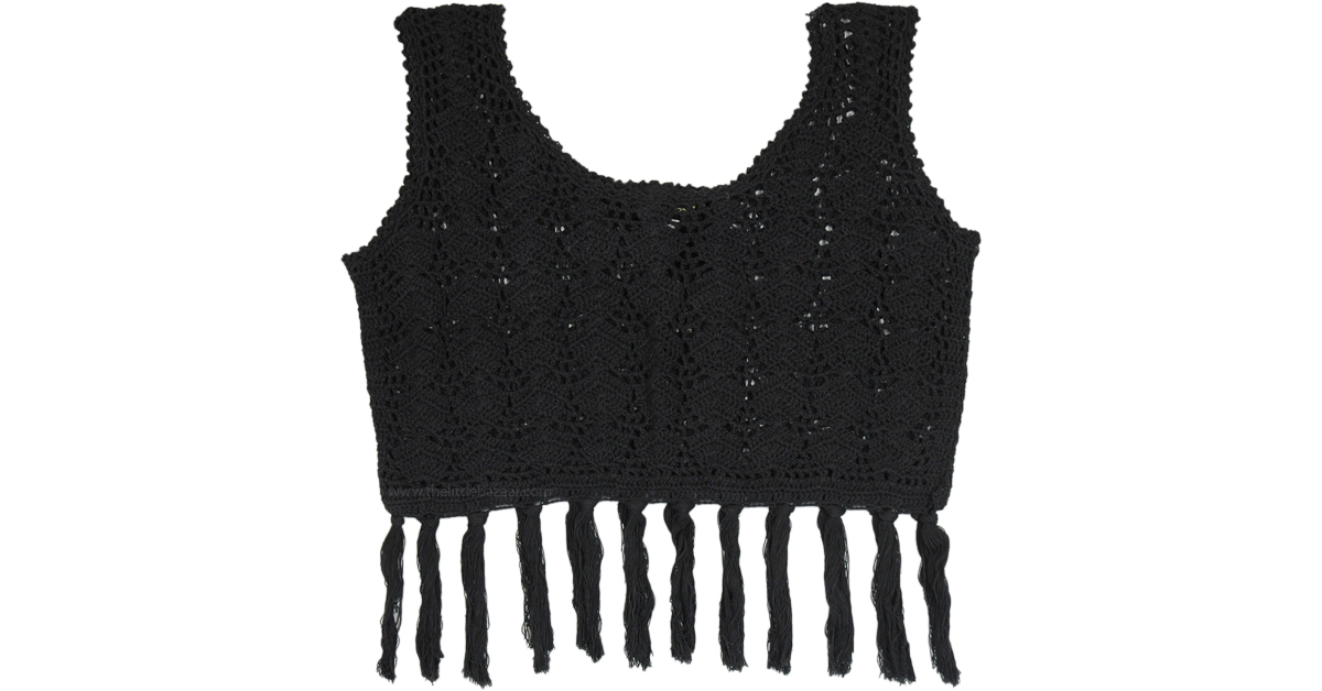 Hand Made Black Sleeveless Crochet Top with Tassels | Tunic-Shirt ...