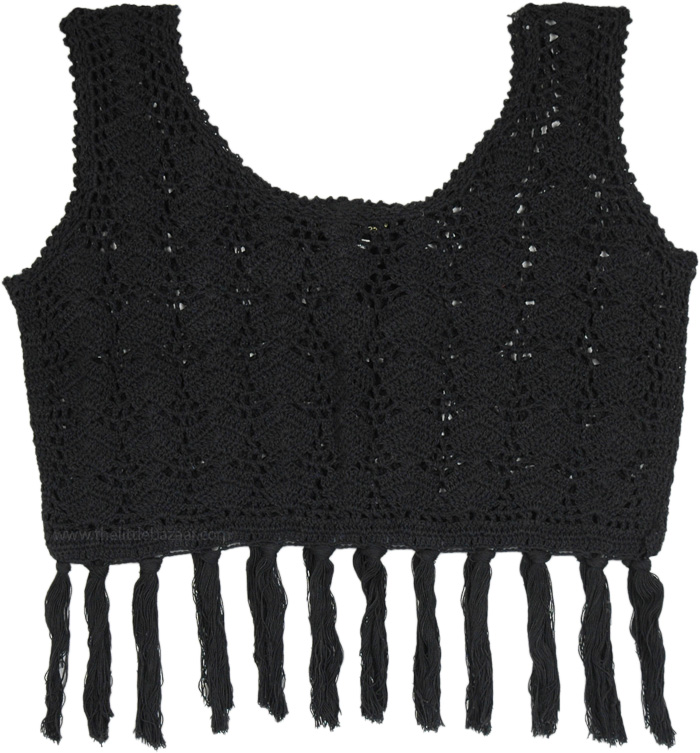 Hand Made Black Sleeveless Crochet Top with Tassels