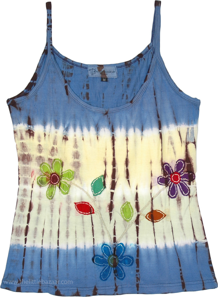 French Vanilla Floral Applique Cotton Sleeveless Tie Dye Tank Top