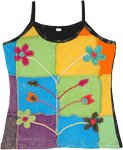 Retro Diced Vibrant Floral Applique Cotton Tank Top