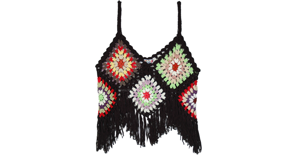 Diamond Patterned Crochet Top with Tassels TunicShirt Black Sleeveless, CrochetClothing