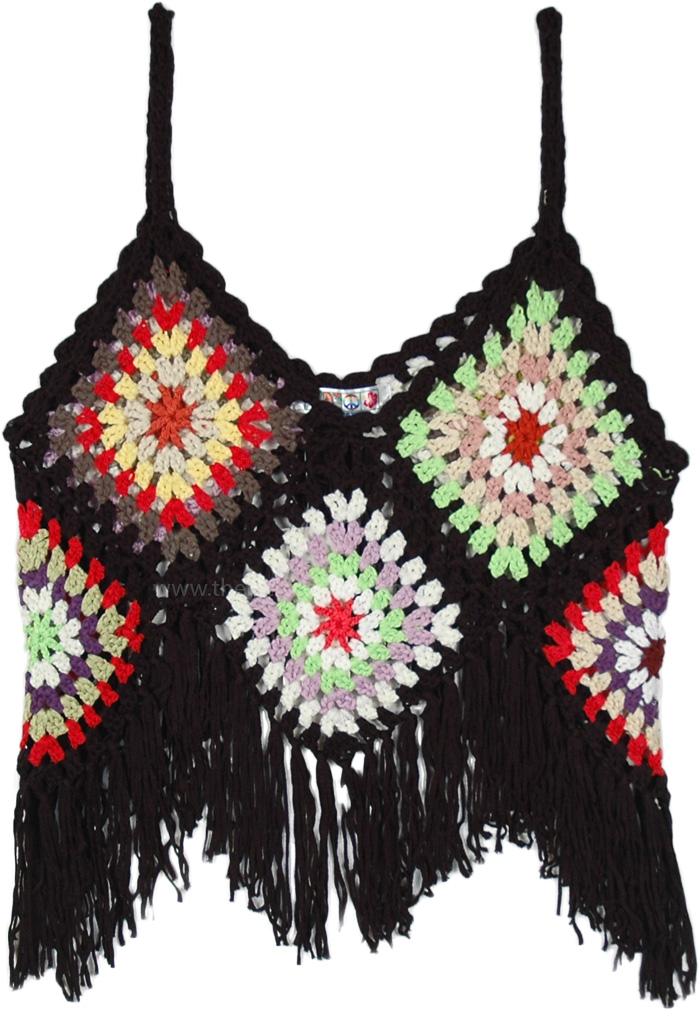 Diamond Patterned Crochet Top with Tassels