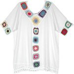 Loose Fit Style Tunic Top in White with Colorful Crochet Flowers [8724]