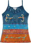 Blue and Rust Gypsy Cotton Tank Top with Embroidery [8793]