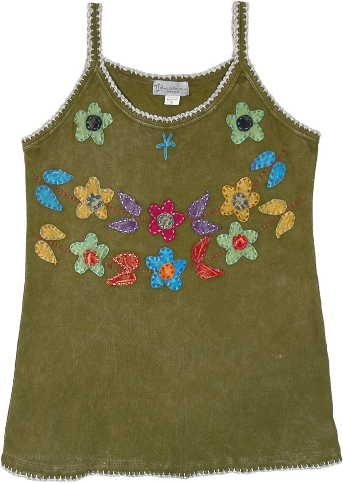 Olive Applique Summer Tank Top with Floral Utopia