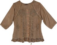 Plus Size Rustic Brown Blouse with Embroidered Motifs