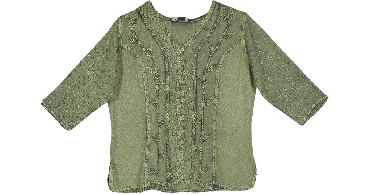 Sage Green Free Size Bohemian Tunic Shirt with Embroidery | Tunic-Shirt ...