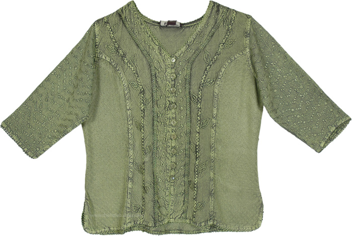 Sage Green Free Size Bohemian Tunic Shirt with Embroidery