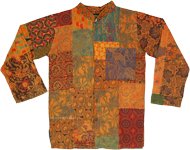 Orange Cotton Patchwork Shirt with Front Pocket and Full Sleeves [8908]