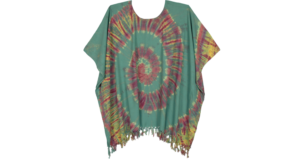 70s Style Hippie Tie Dye Poncho Top with Fringed Bottom | Tunic-Shirt ...