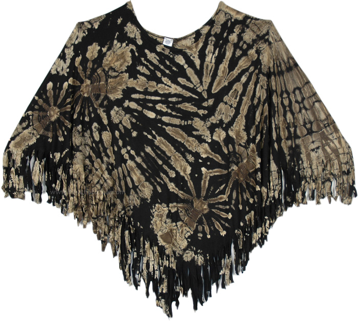 Ancient Runes Tie Dye Monochromatic Poncho Top with Fringed Bottom