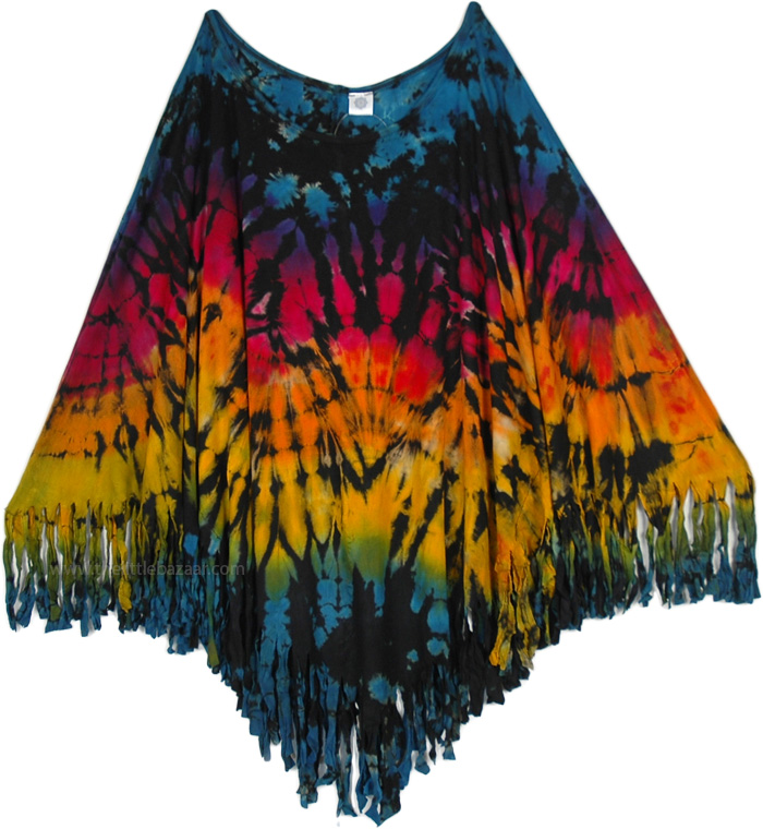 Jungle Party Tie Dye Vibrant Poncho Top with Fringed Bottom