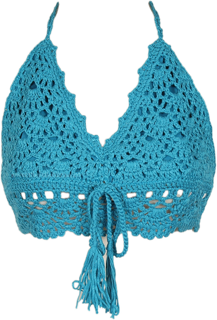 Turquoise Crochet Bralette Top with Tassel, Tunic-Shirt