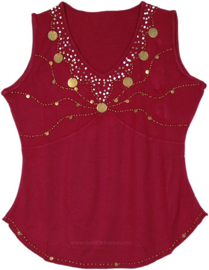 Blood Red Coin Embellishment Boho Top